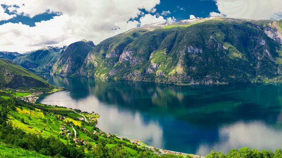 Beautiful panorama with view to Aurland, Aurlandfjord and Sognefjord from Stegastein in Norway, Europe. Sognefjord is largest and second longest fjord in the world.
