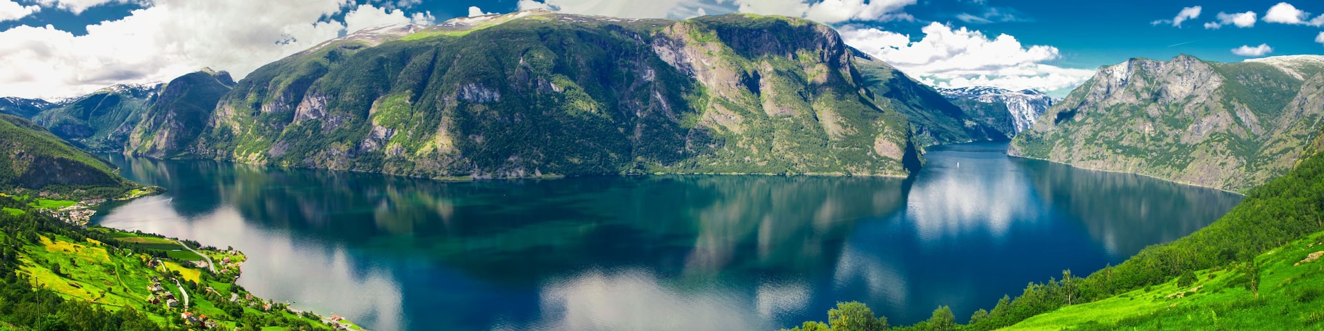 Beautiful panorama with view to Aurland, Aurlandfjord and Sognefjord from Stegastein in Norway, Europe. Sognefjord is largest and second longest fjord in the world.