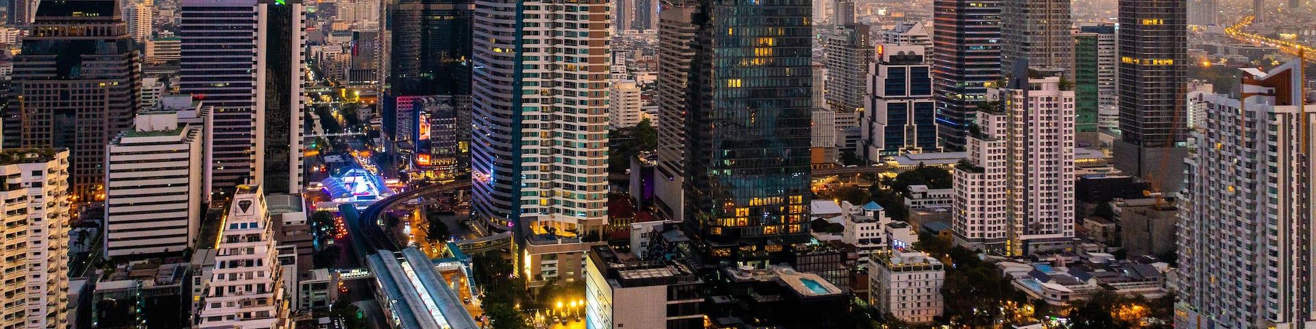 Aerial view of King Power Mahanakhon tower in Sathorn Silom central business district of Bangkok, Thailand