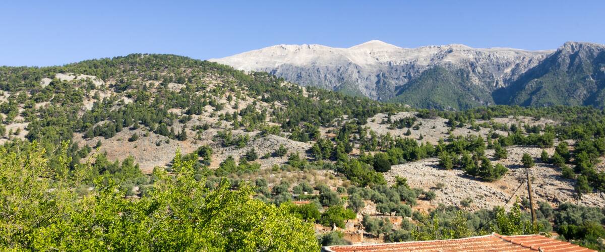 A mountainous landscape with dense green forests and rocky terrain.