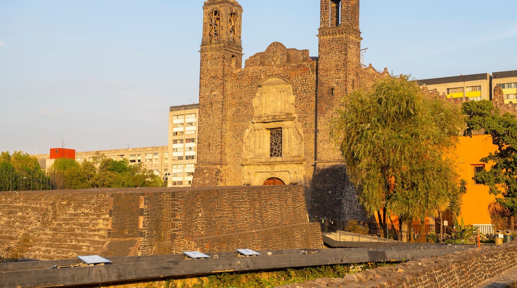 Templo de Santiago and Tlatelolco ruin in Square of the Three Cultures Plaza de las Tres Culturas in Mexico City CDMX, Mexico.