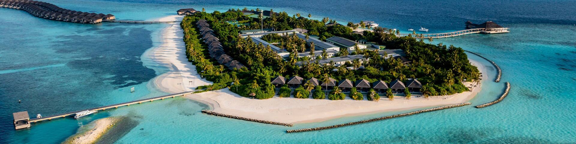 Aerial view of beaches and resort at Huruvalhi island, Maldives, Asia