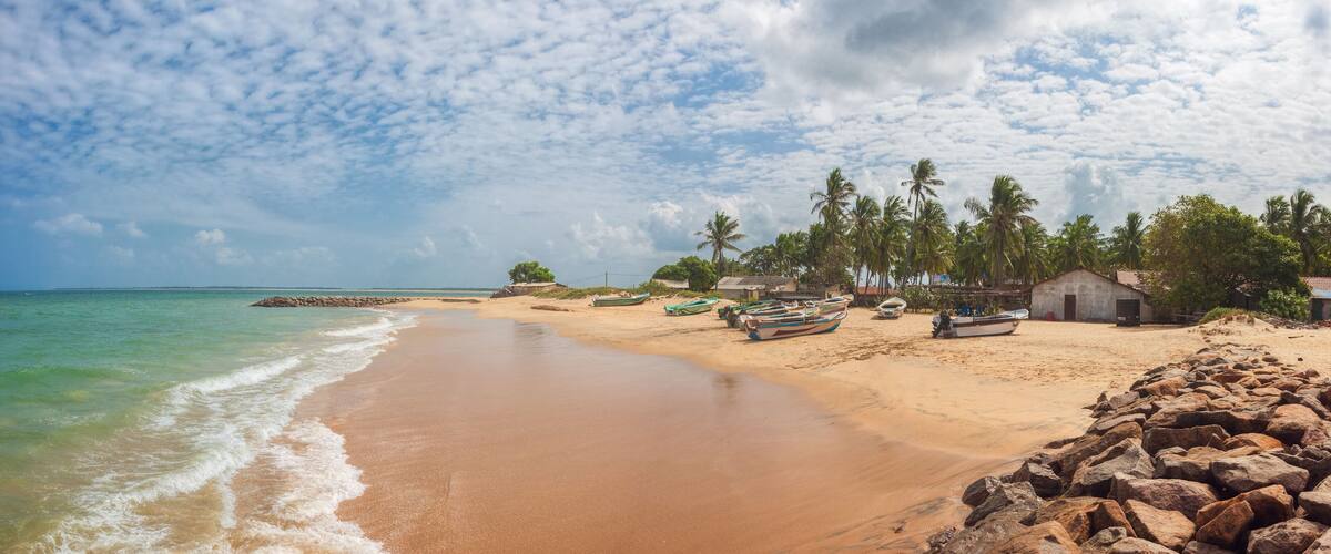 A sandy beach with small boats, palm trees, and a rocky shoreline.