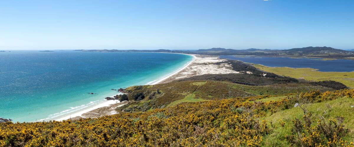 A coastal landscape with a beach, grassy hills, and distant mountains.