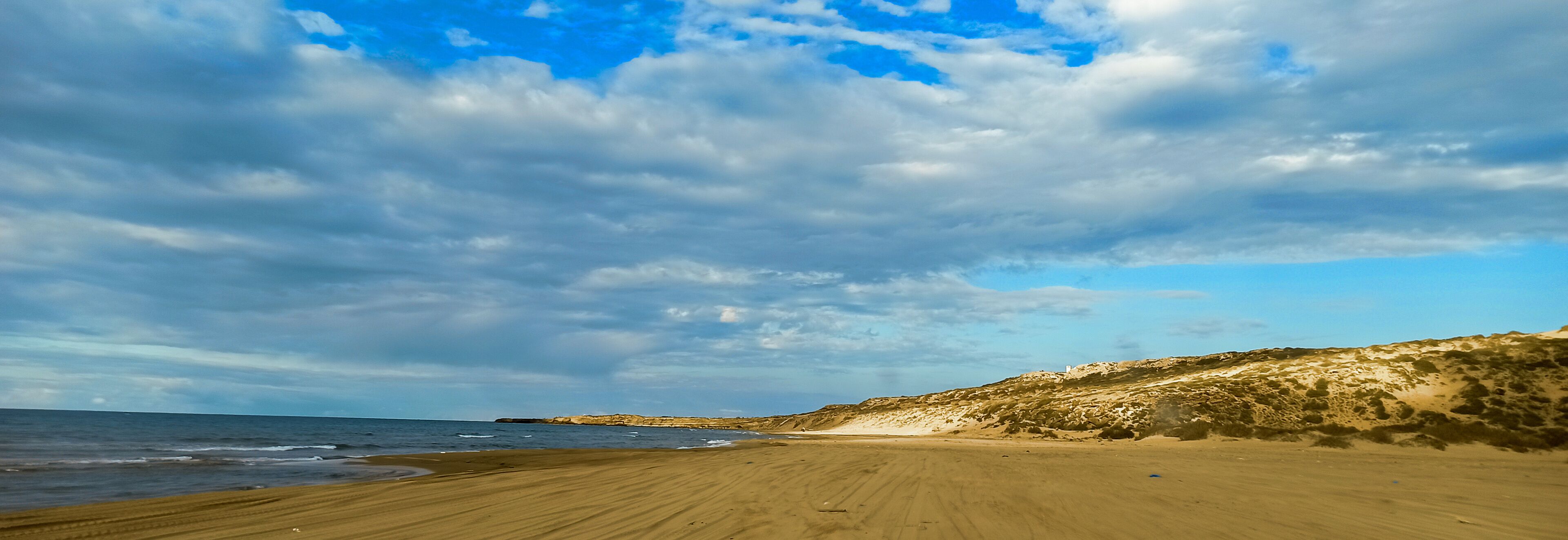 A beach with a sandy shore and a hill in the background.