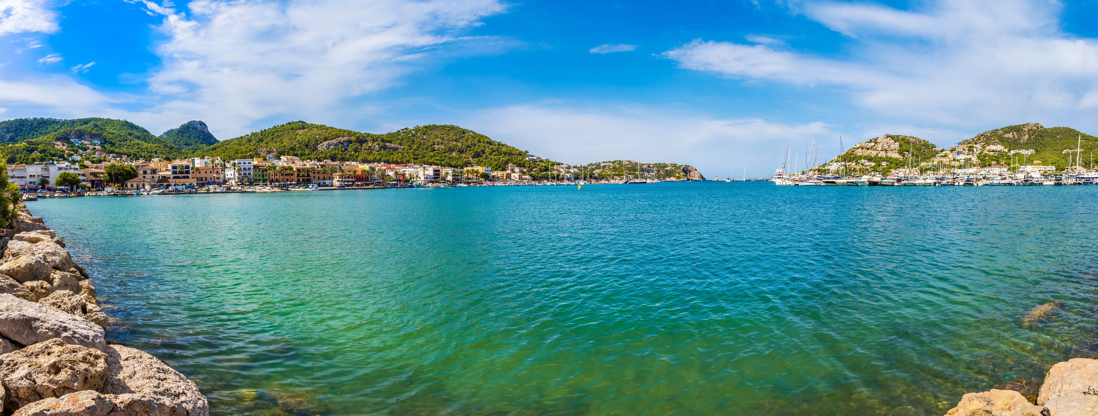 Panoramic view of the harbour in Puerto Andratx (Port d'Andratx), Mallorca, Spain