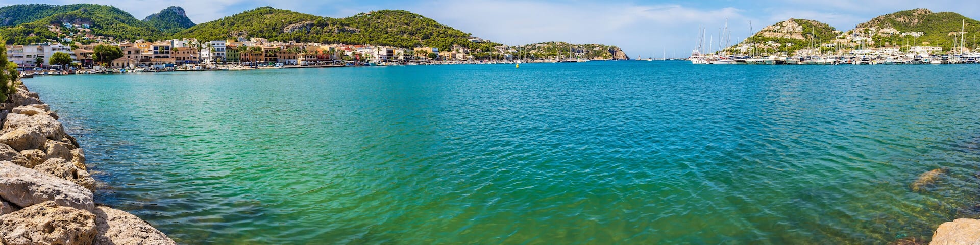 Panoramic view of the harbour in Puerto Andratx (Port d'Andratx), Mallorca, Spain