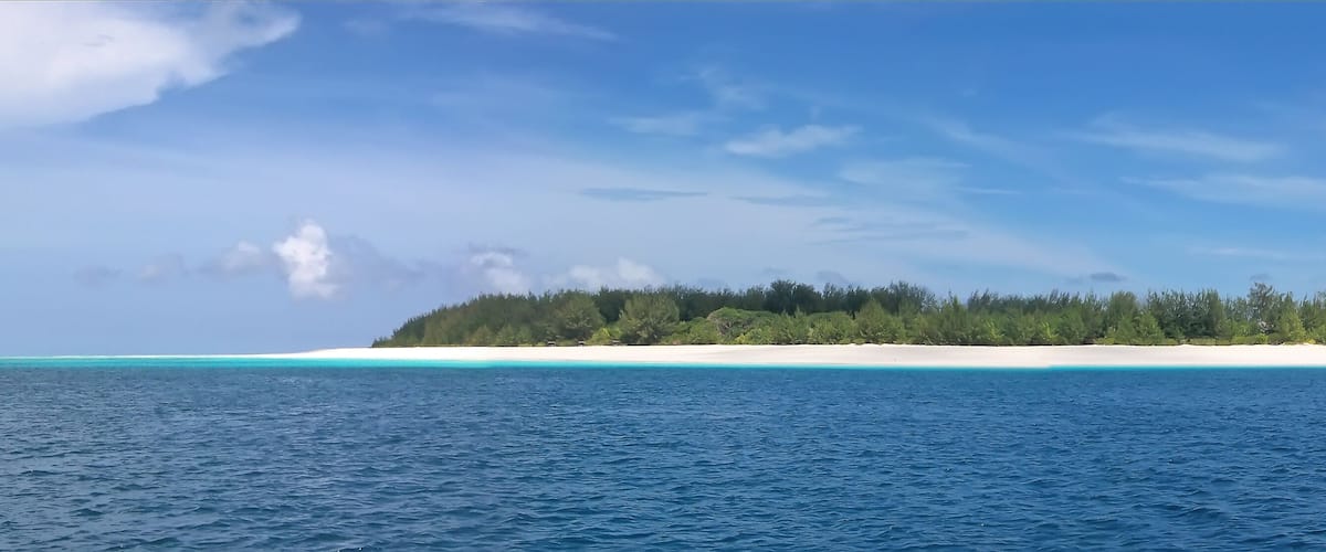 A turquoise sea, a white sandy beach, and a small island with dense green foliage.
