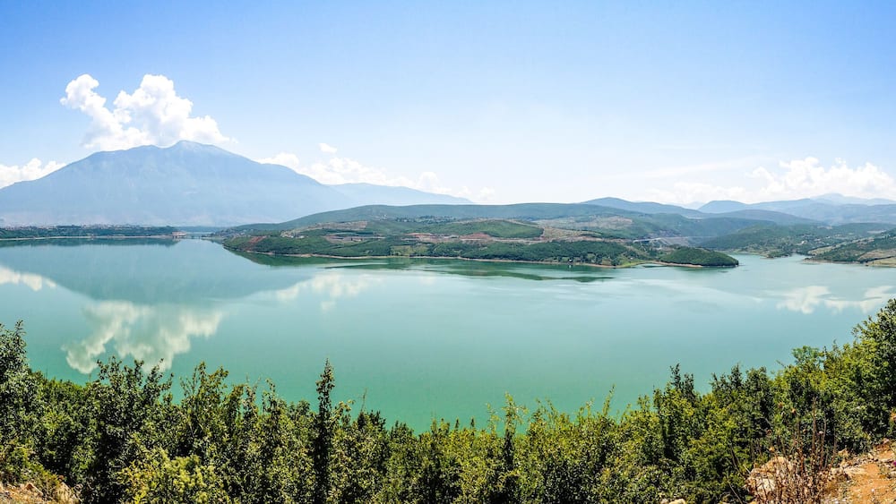 Lake Fierza near city Kukes in Albania in summer with mountains in background
