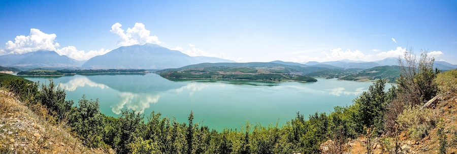 Lake Fierza near city Kukes in Albania in summer with mountains in background