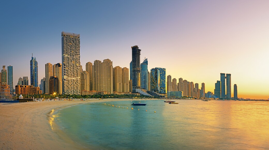 Amazing and Luxury Dubai Marina - famous Jumeirah beach at sunrise, United Arab Emirates