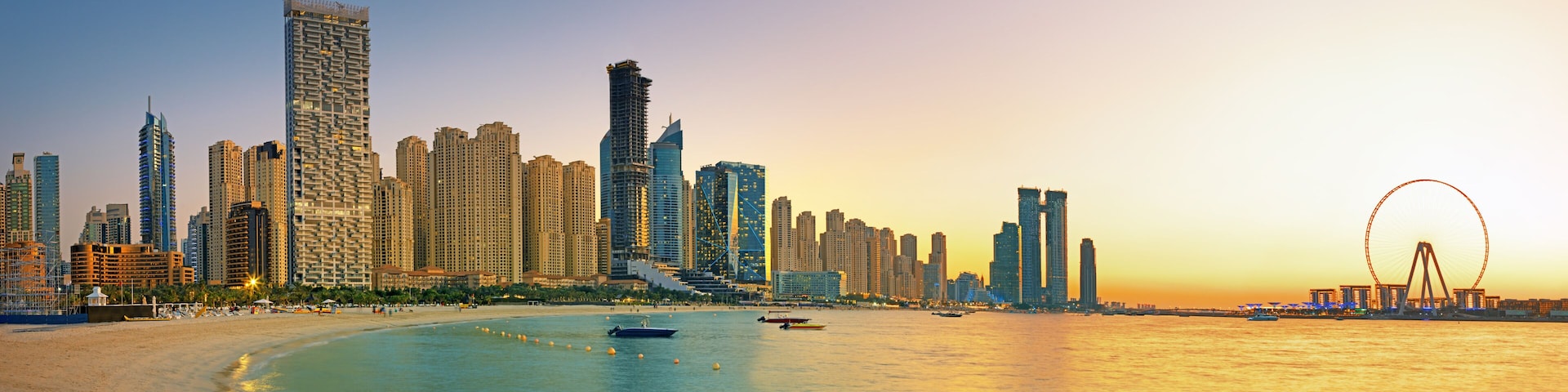 Amazing and Luxury Dubai Marina - famous Jumeirah beach at sunrise, United Arab Emirates