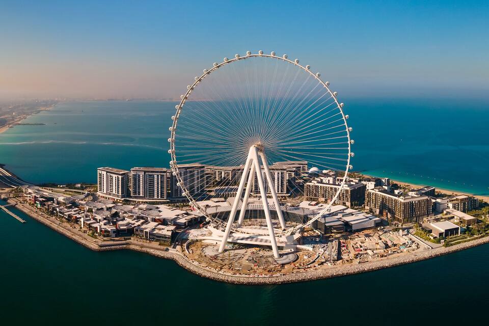A large Ferris wheel surrounded by buildings and water.