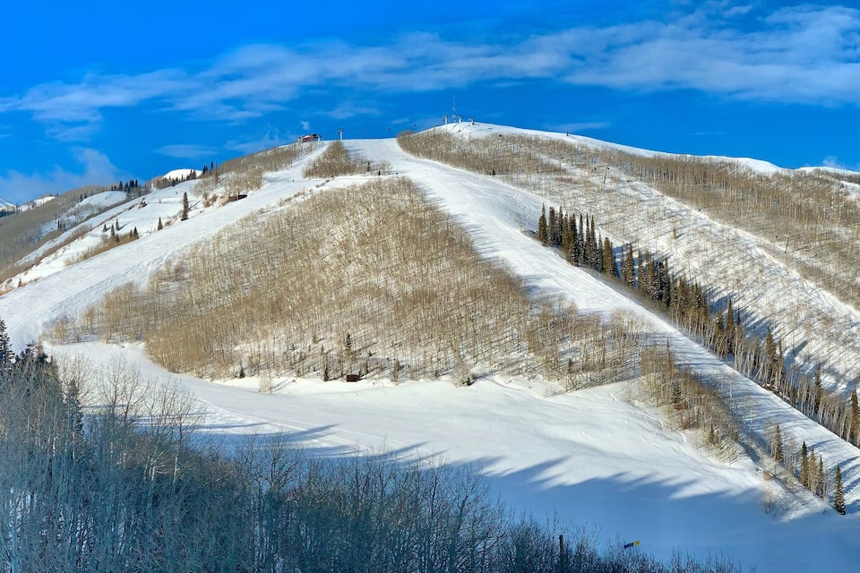A snow-covered ski slope with a ski lift and trees.