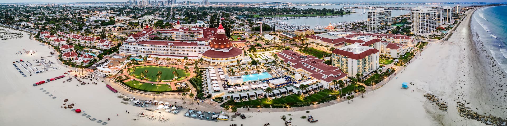 Hotel Del Coronado with the city of San Diego in the background