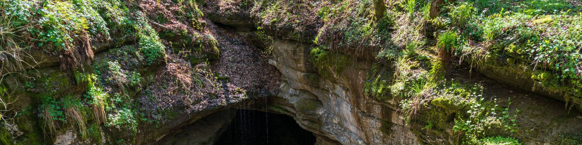 A staircase leading into a cave with moss-covered walls and a metal railing.