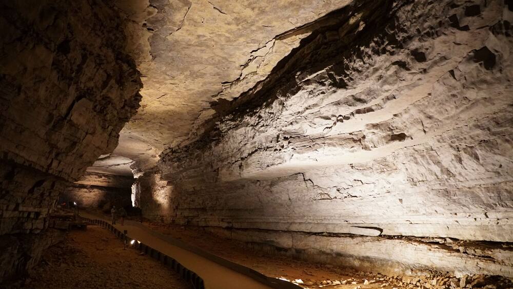 A cave with a narrow passageway, rough walls, and a dimly lit environment.