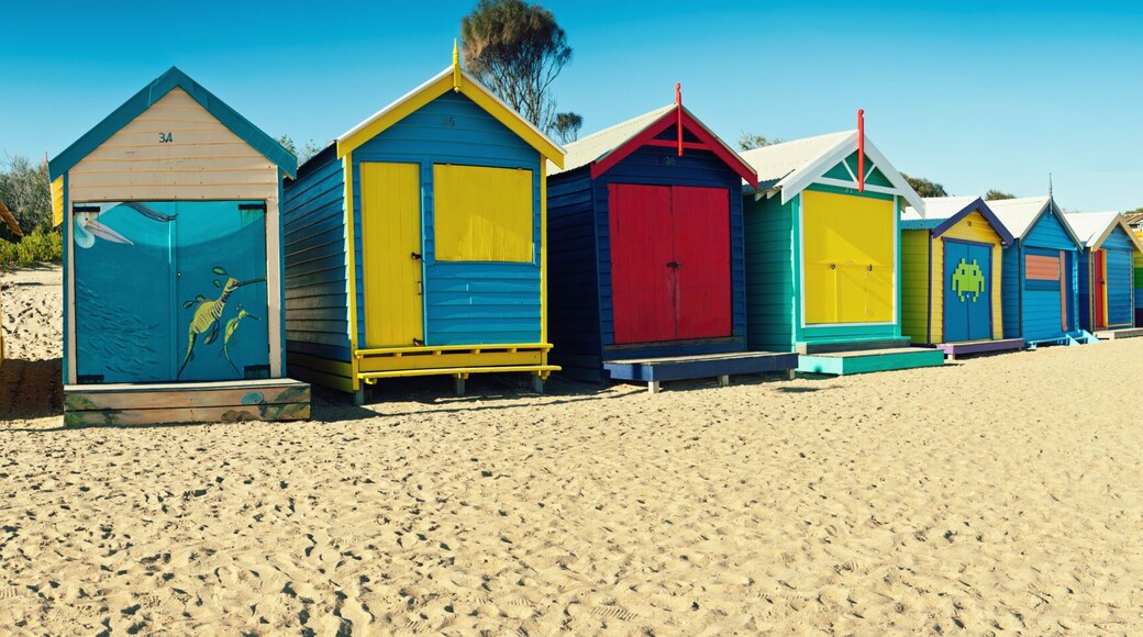 panorama of beach huts on Brighton Beach, Mornington Peninsula, Victoria