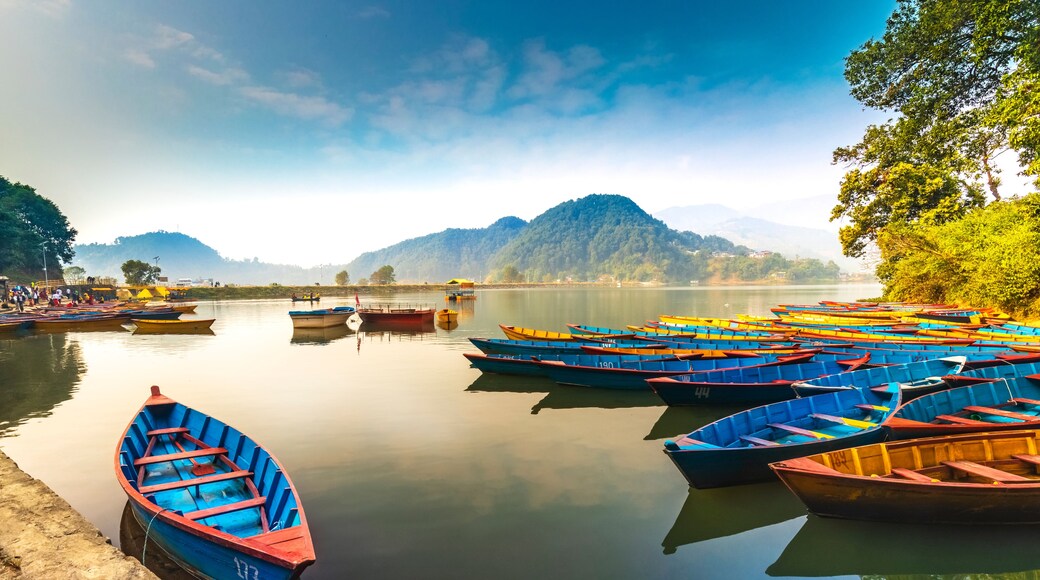 A calm lake with numerous colorful boats docked along the shore.