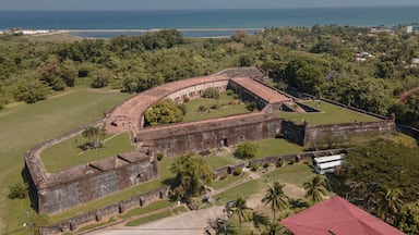 An aerial view of a historic fort with a curved wall, surrounded by lush greenery and palm trees, overlooking a coastal area.