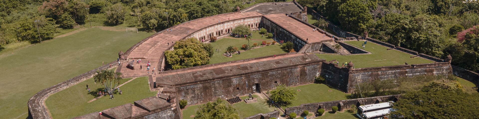 An aerial view of a historic fort with a curved wall, surrounded by lush greenery and palm trees, overlooking a coastal area.