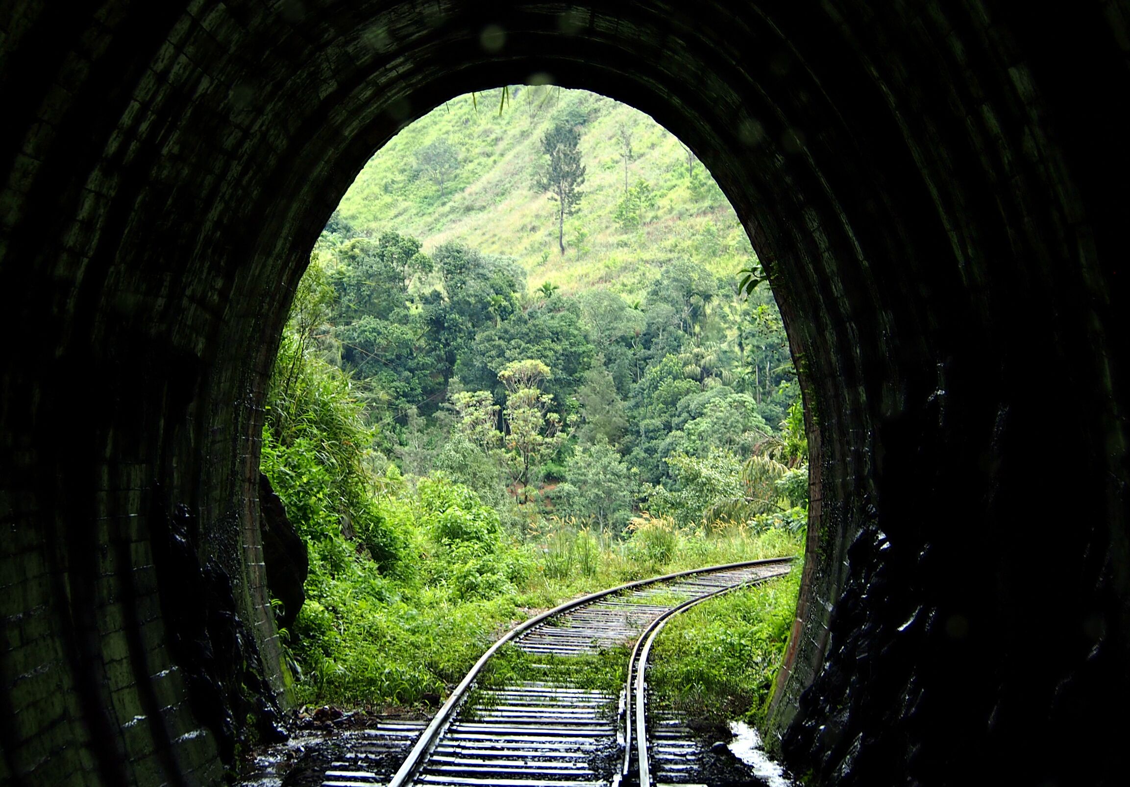 A railway track curving through a tunnel with lush greenery and hills in the background.