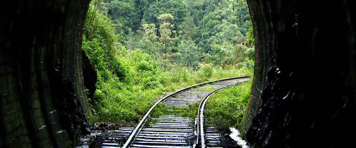 A railway track curving through a tunnel with lush greenery and hills in the background.