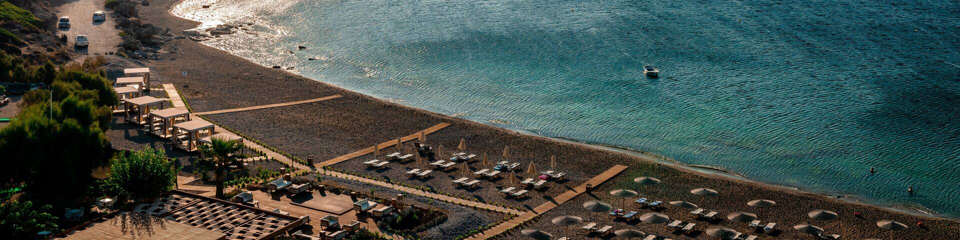 View of the Ammoudes beach in Rhodes Island, Greece, in the evening.