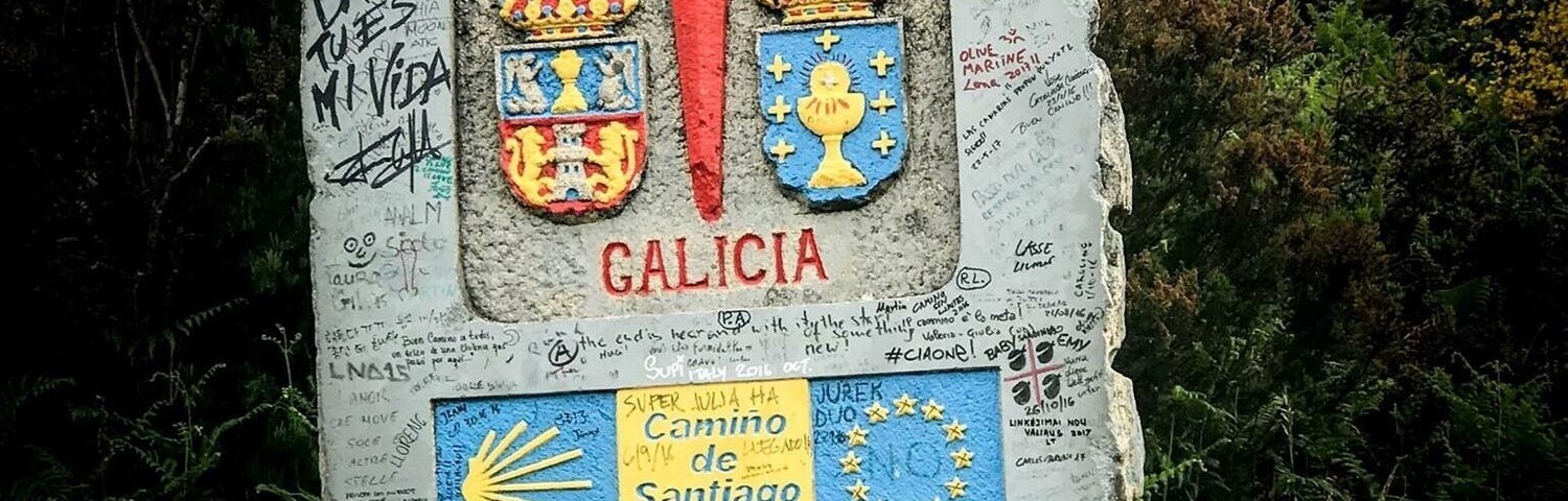 Um monumento de pedra com brasões e inscrições, rodeado por vegetação natural.