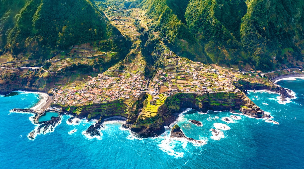 Aerial view of Madeira island. Land meets ocean in Seixal, Madeira, Portugal