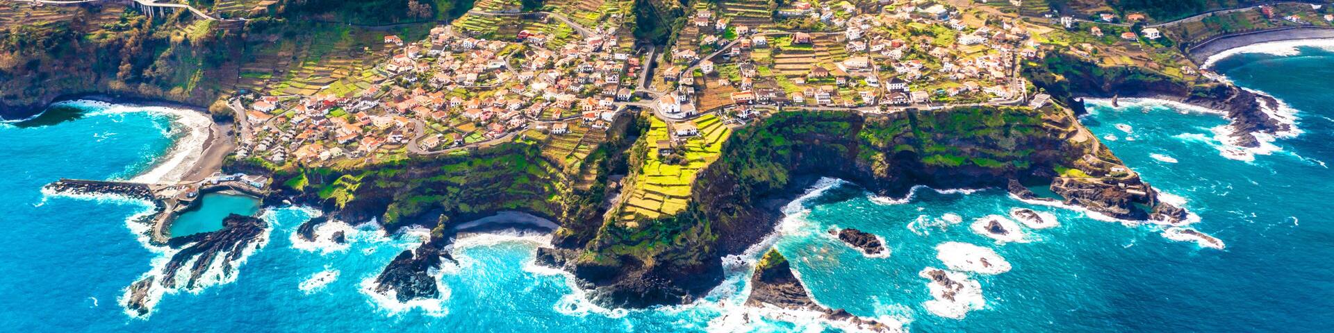 Aerial view of Madeira island. Land meets ocean in Seixal, Madeira, Portugal