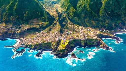 Aerial view of Madeira island. Land meets ocean in Seixal, Madeira, Portugal
