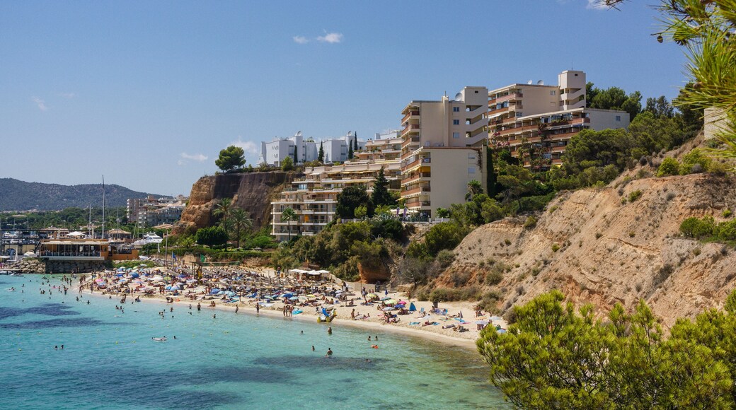 Un poble costaner amb una platja, aigües blaves cristal·lines i edificis sobre una vessant.