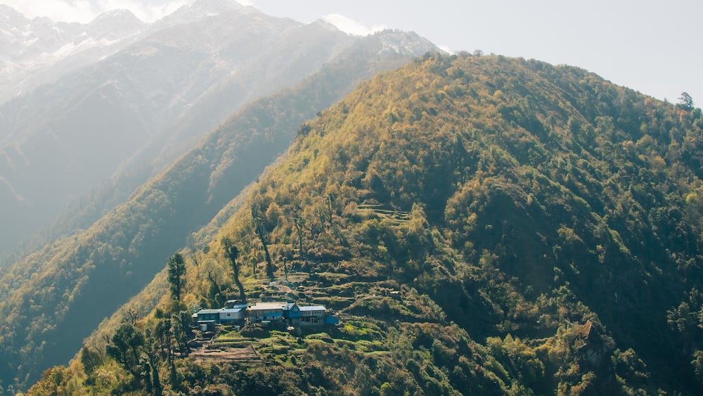Aerial view of Bhedetar hill station in Dhankuta, Nepal.