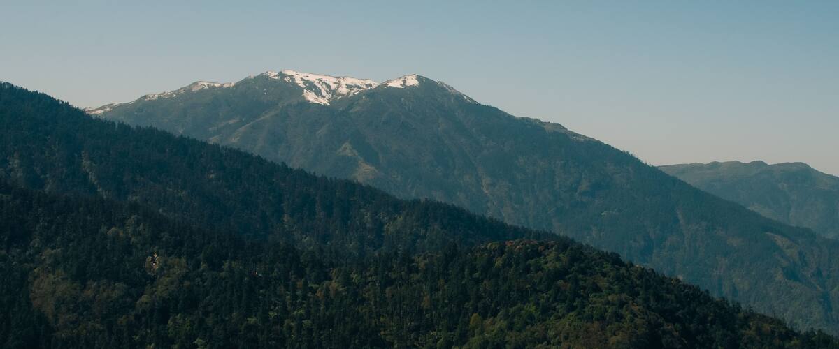 A mountain range with snow-capped peaks and dense forested slopes.