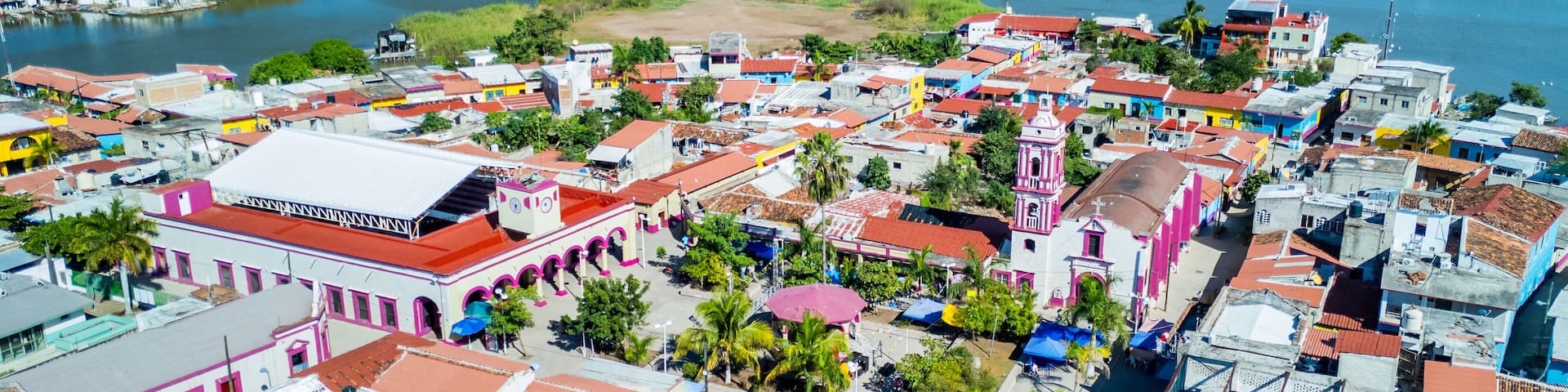 Typical Mexican church in the center of Isla de Mexcaltitan surrounded by mangroves