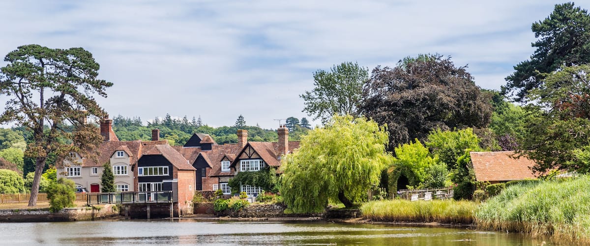 A riverside village with traditional houses, a weeping willow tree, and a bridge.