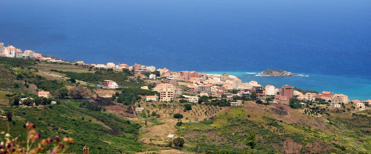 A coastal town with buildings along the hillside and a small island in the sea.
