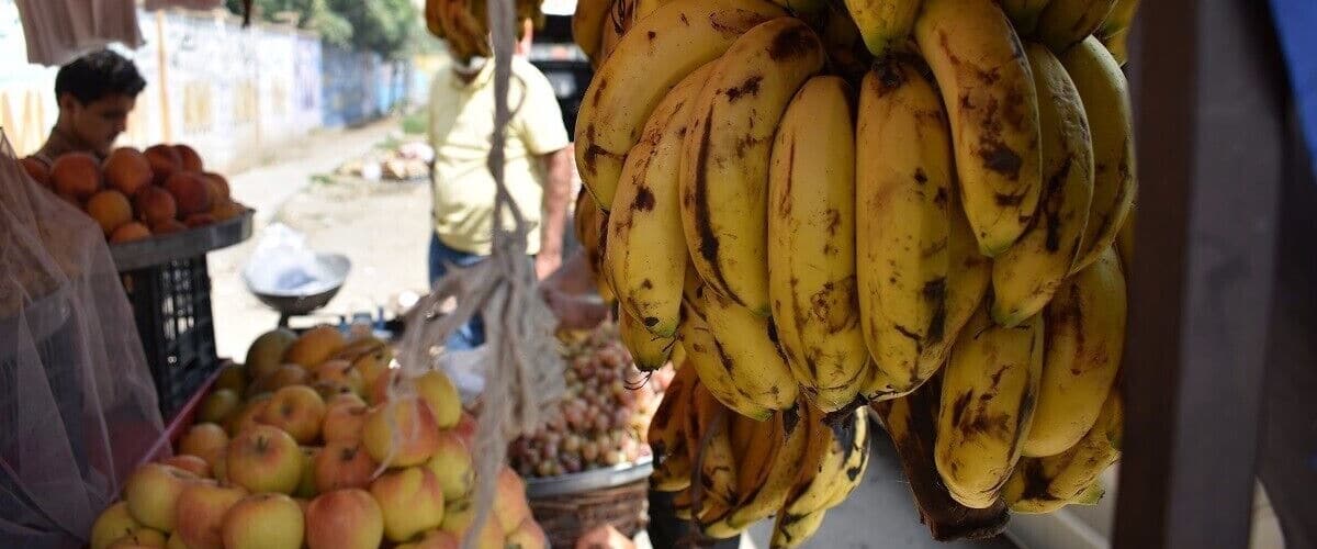 A fruit market with bananas, apples, and oranges on display.