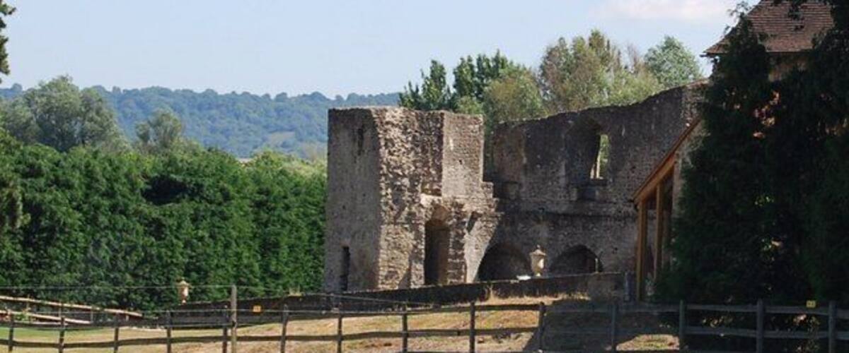 An ancient stone structure with arches, surrounded by greenery and a clear sky.