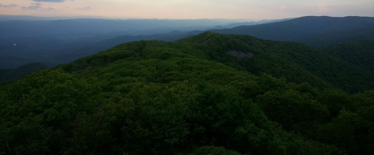 A mountainous landscape with dense green forests and a clear sky.