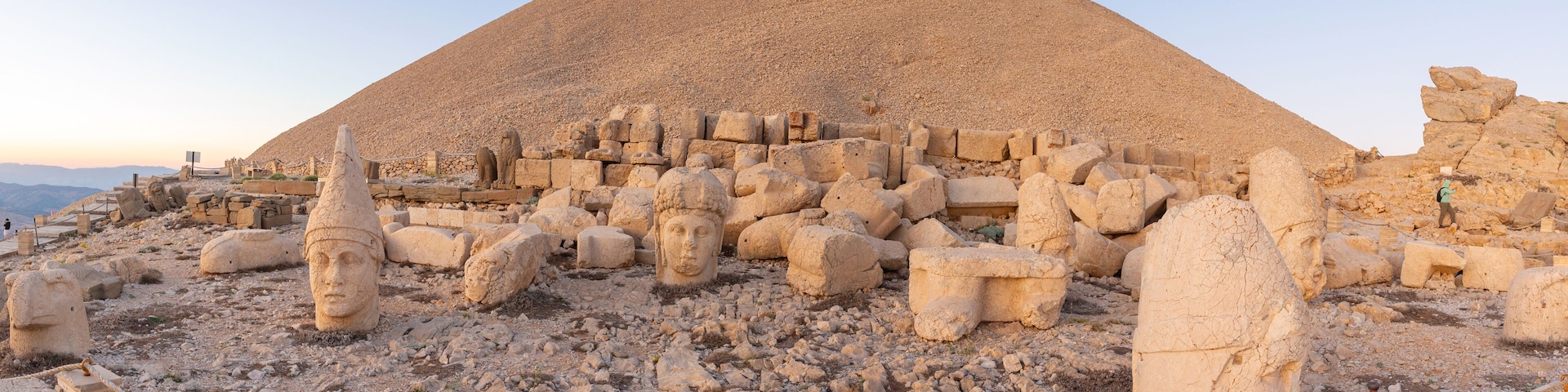 Panoramic view of the west terrace of Mount Nemrut at sunset