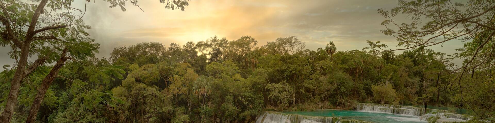 Unbelievable summer morning scene on the Waterfall (EL SALTO-EL MECO) san luis potosi Mexico,Colorful sunrise . Beauty of nature concept background.