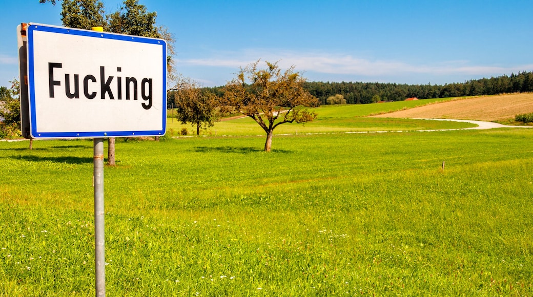 Summer Austrian landscape near the entrance in the village of Fucking. Its road signs are a popular visitor attraction, and they were often stolen by souvenir-hunting tourists.