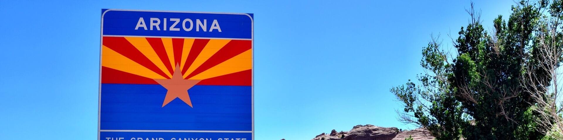 A person standing in front of a 'Welcome to Arizona' sign with a desert landscape in the background.