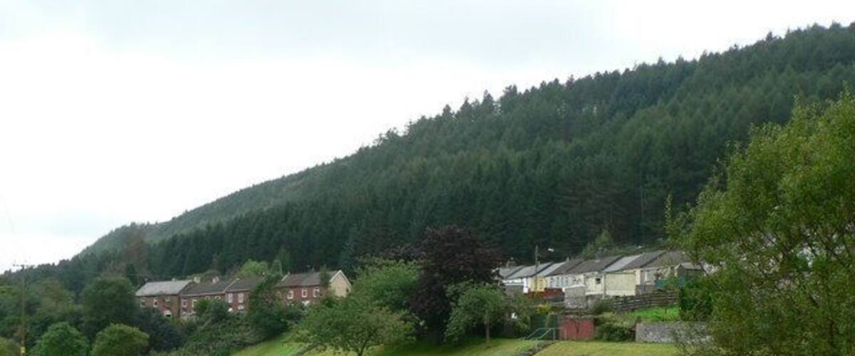 A rural landscape with a stream, houses, and a forested hill.
