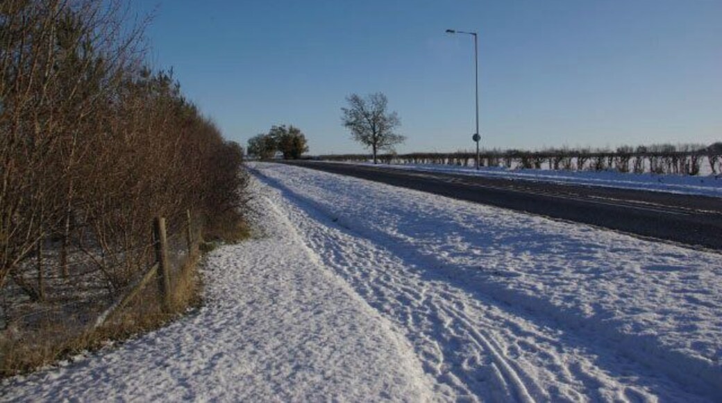 A1303 near Bottisham The A1303 was once the A45, but the road is now by-passed by the A14. The carriageway is clear in this view, but the footpaths are treacherous.