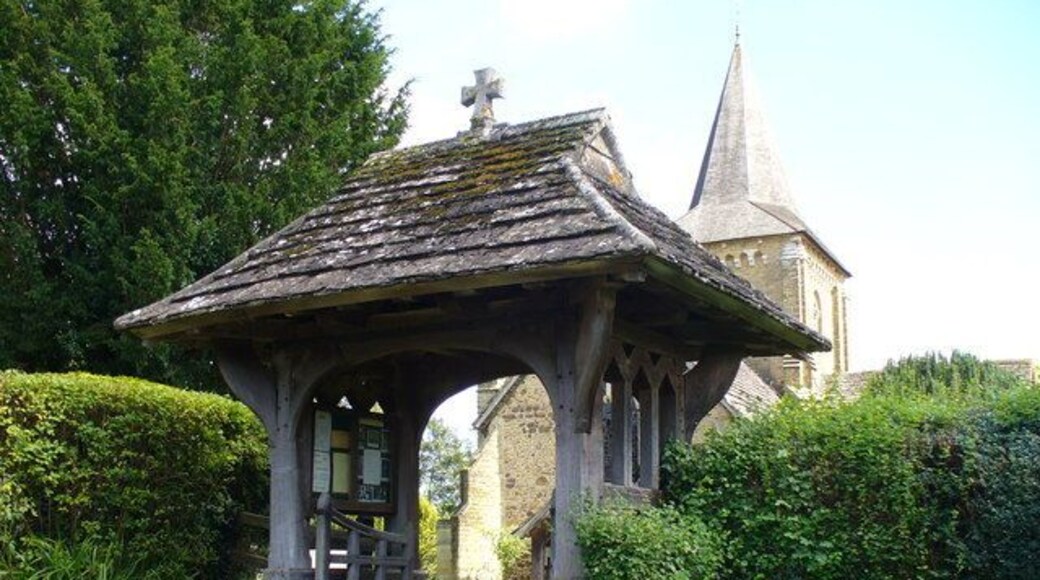 Lych Gate, Ewhurst Outside St Peter and St Paul, the lych gate is roofed with "Horsham Flags", local stone.