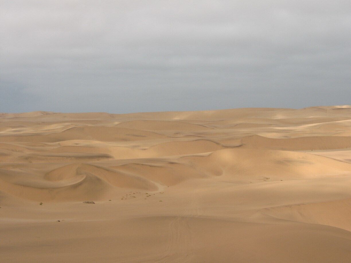 A vast desert landscape with undulating sand dunes under a cloudy sky.