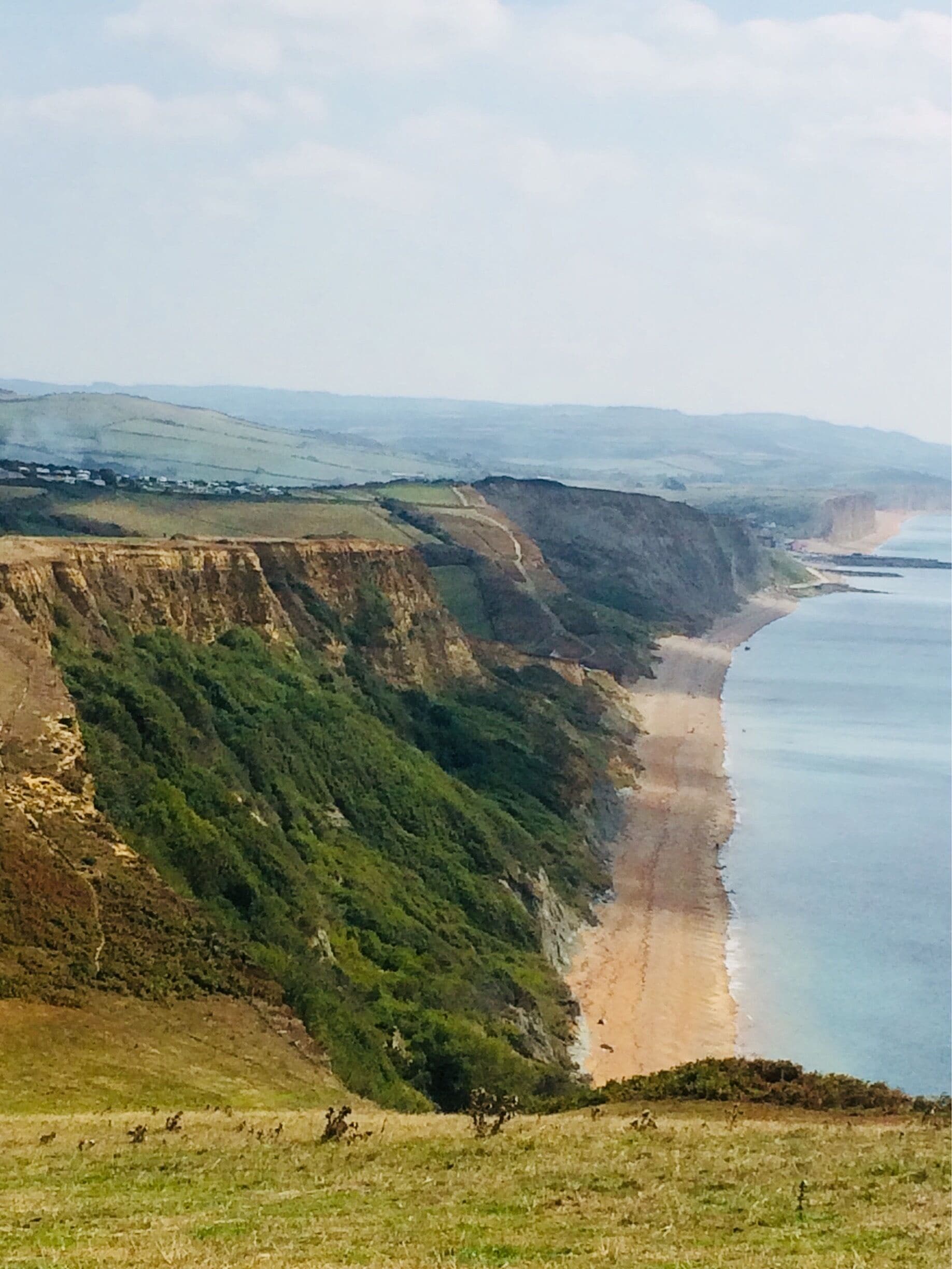 A coastal landscape with cliffs, a beach, and distant hills.